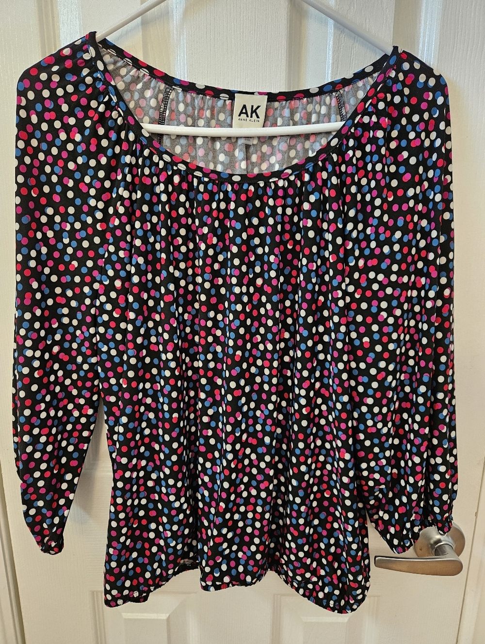 Anne Klein PXL 3/4 Sleeve Polka Dot Blouse with Gathered Neck & Elastic Cuff/Hem